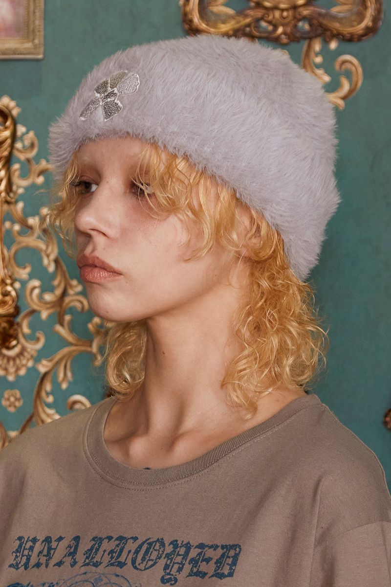 FLOWER FUR BEANIE / GREY