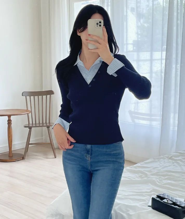 iam mari（アイアム マリ）の「Ballon Shirt Layered V-Neck Shirring Knit（Tops）」