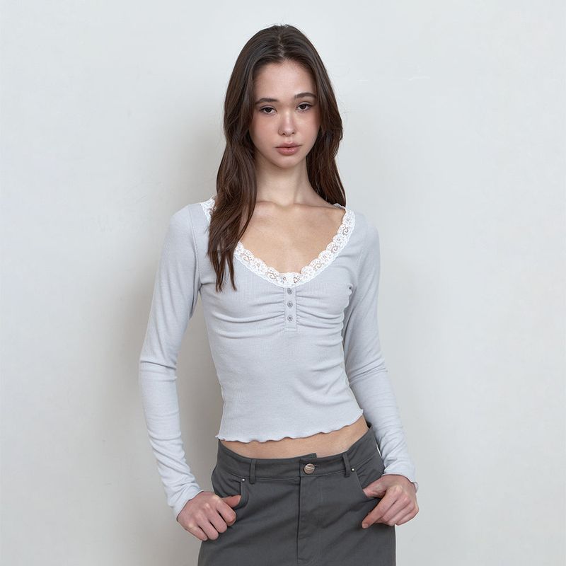 C LACE BUTTON T-SHIRT_LIGHT GREY