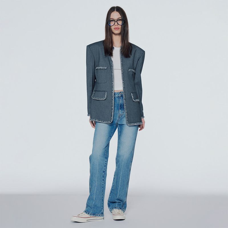 Collarless wool-blend tweed jacket