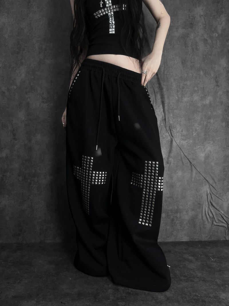 metal stud cross wide pants