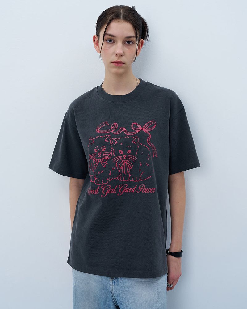 RIBBON CATS TSHIRT-CHARCOAL
