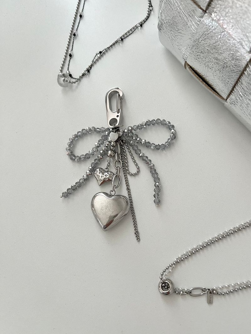 Gra Chic Hip Gray Ribbon Stainless Steel Big Heart Kitchen Chain Keyring Keyring