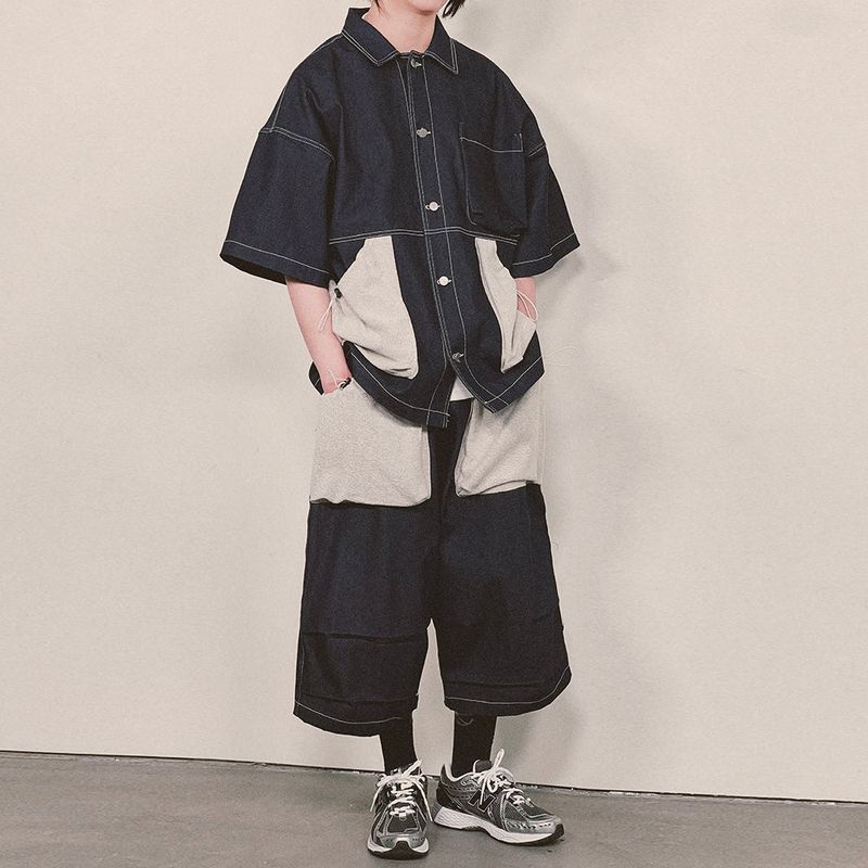 reverse terry pocket denim capri shorts_blue
