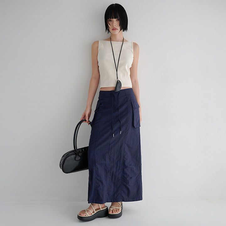  [made/free.xl] [Cheney] String A-Line Cargo Nylon Slit Long Skirt -5color