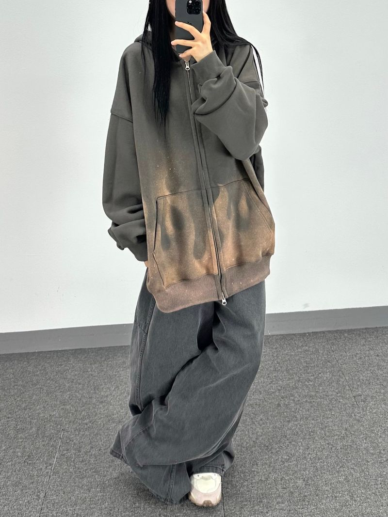 flame washed hooded zip-up