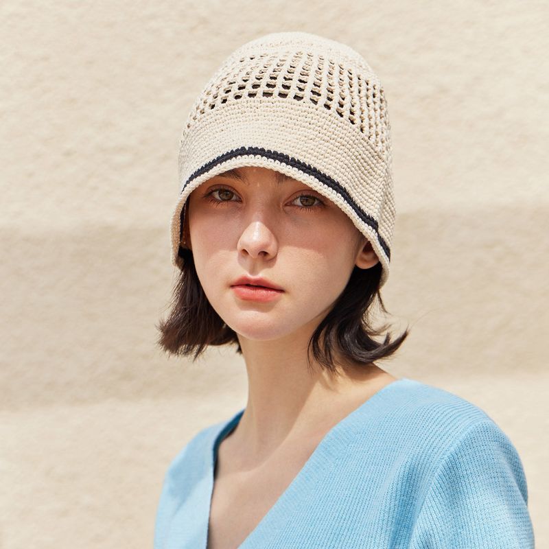 VA Top Button Knit Crochet Bucket Hat / Cream