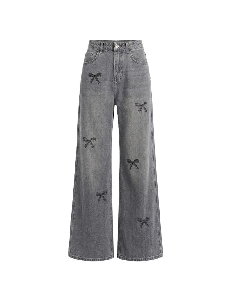 [PRE-FALL] Bella Ribbon Printed Straight Wide Grey Denim