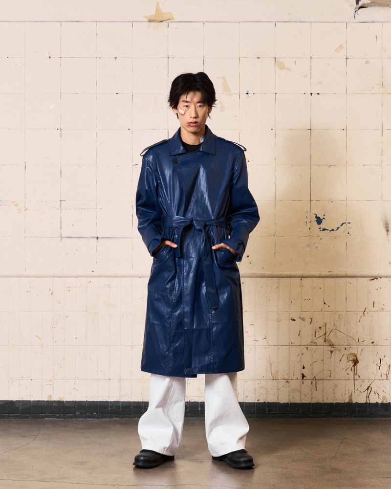 Curved Leather Trench coat (Blue)