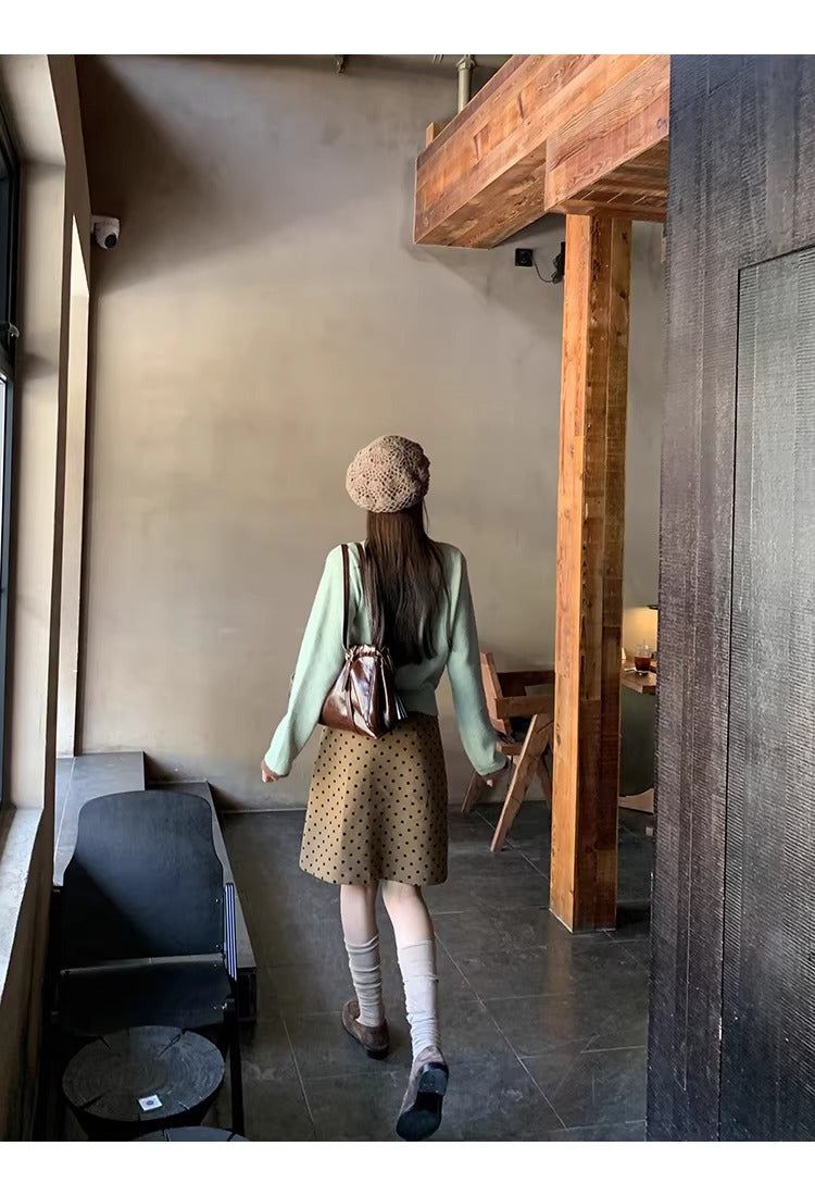 camel brown wool dot midi skirt