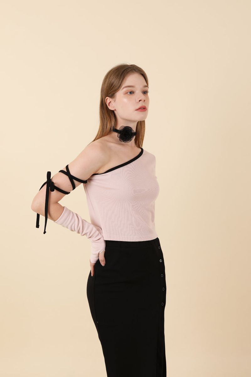 Strap Off Shoulder Warmer T-shirt Pink