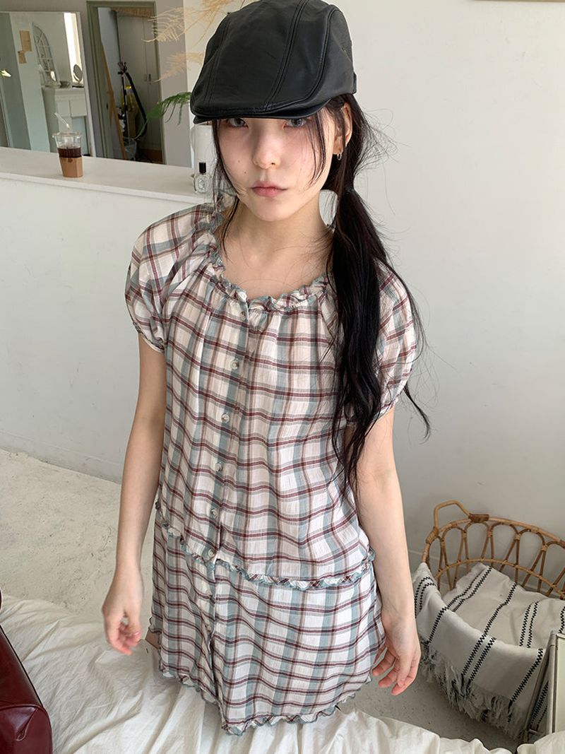 SAGE CHECK FRILL DRESS (2C)