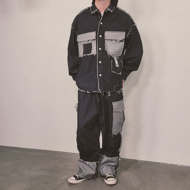 grunge roll-up denim pants_black