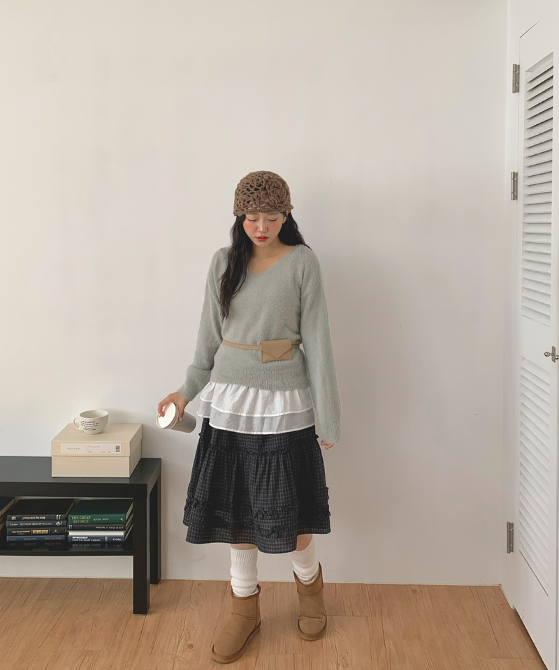 Luen midi checkered skirt Fall layered frill soft fit
