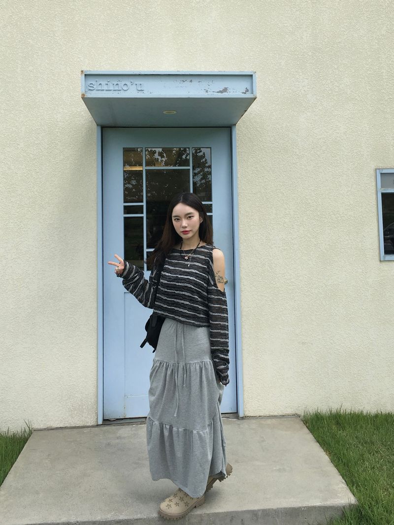 Shuming Unbal Shirring Banding Long Skirt (2c)  