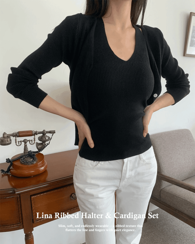 GUSTA（グスタ）の「Lina Two-tone Button-Up Halter Nashi & Cardigan SET (3 colors)（Tops）」
