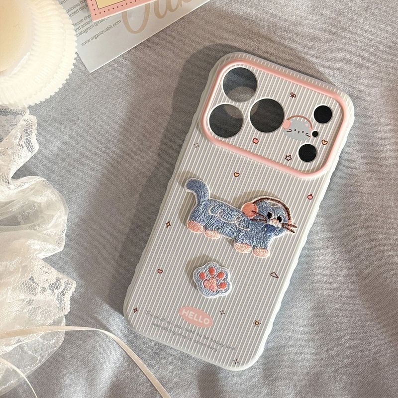 Embroidered Blue Pink Cat Soft iPhone Case