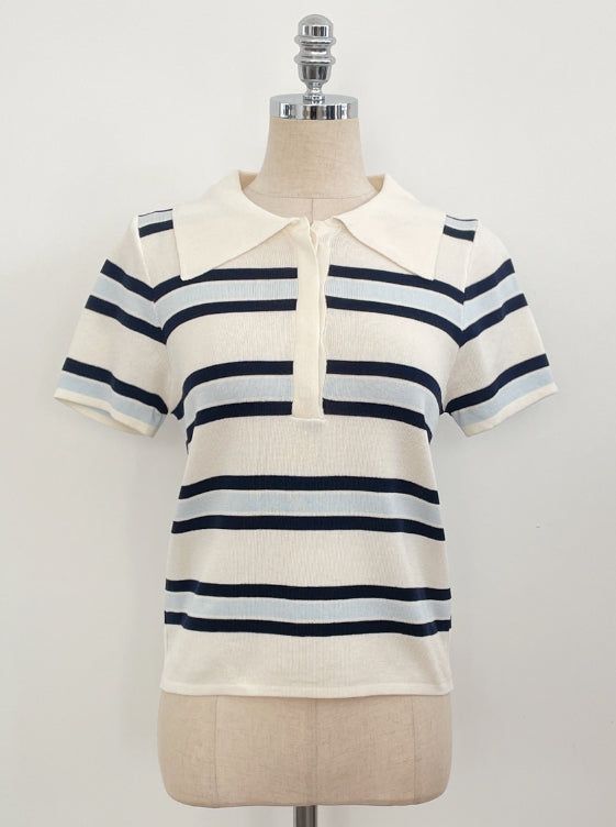 Oldin Stripe Collar Short Sleeve Knit