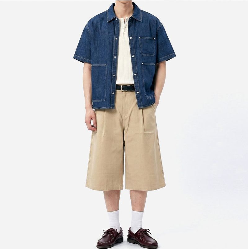 Wide Cotton Pleated Bermuda Shorts Beige