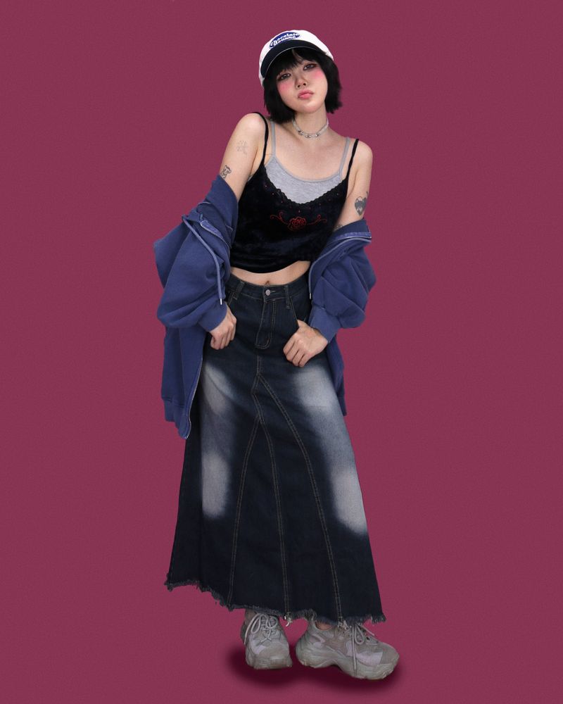 popping denim long skirt