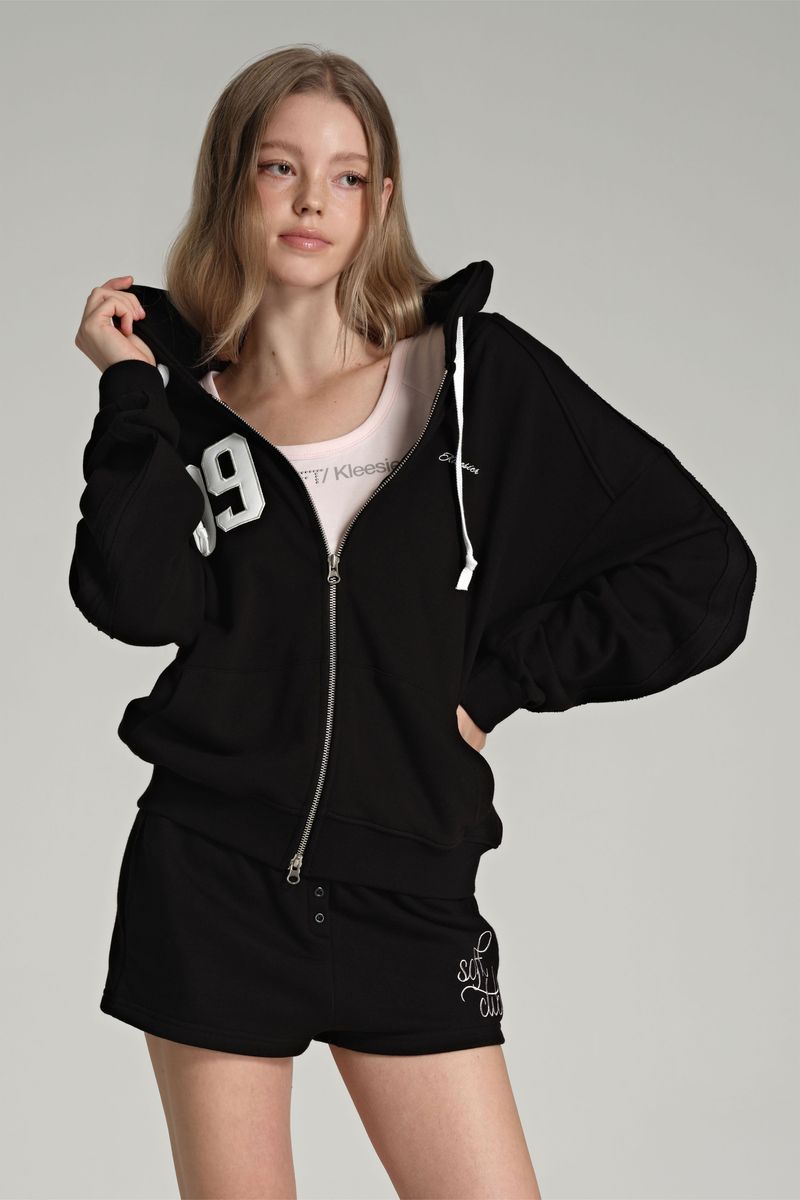 09 Numbering hooded zip-up, Black