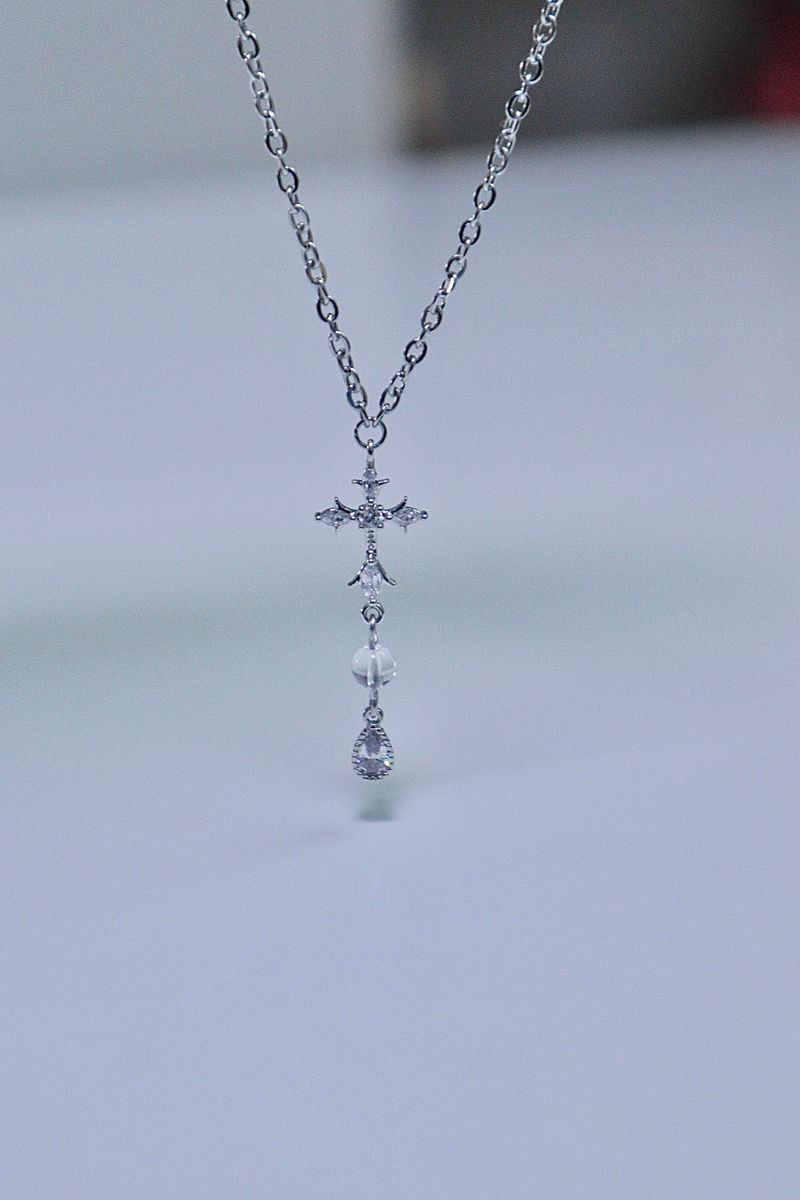 cross water drop transparent gemstone necklace