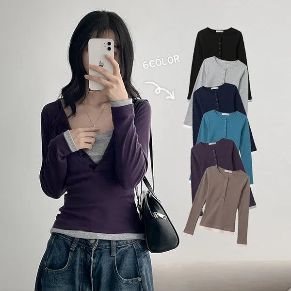 hijjoo（ハイチュー）の「Waist Slimming* Barbie Layered Snap Long Sleeve T-Shirt (6 colors)（Tops）」