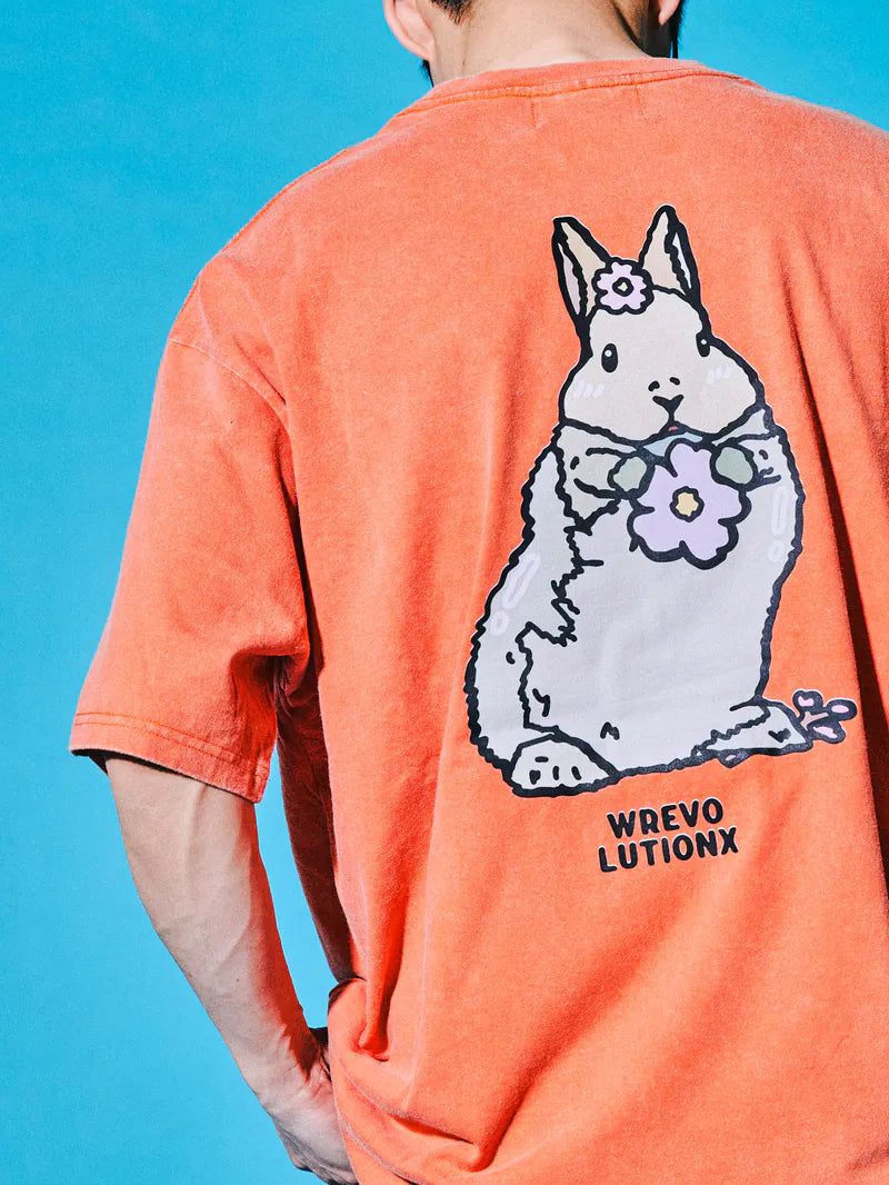 WREVOLUTIONX by WooLeeX（レボリューションエックス バイ ウーリーエックス）の「Sakura Animals Tangerine Denim Washed T-Shirt (Rabbit)（Tops）」