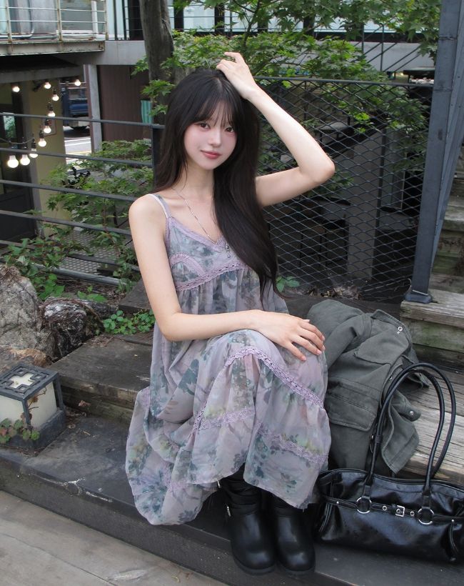 Misty Mauve Flower Chiffon Long One Piece