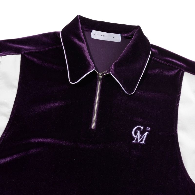 [UNISEX] Leather-Trimmed Velour Zip Polo (Purple)