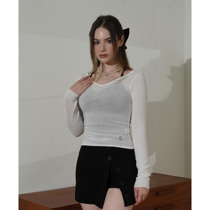 V NECK SLIM KNIT-IVORY