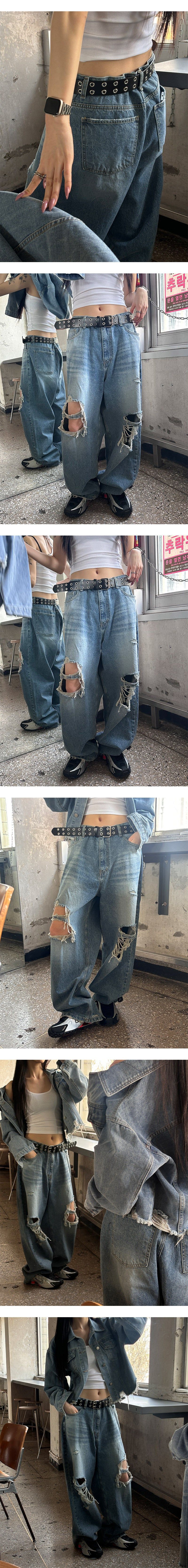  [Unisex] Knee destroyed wide denim pants