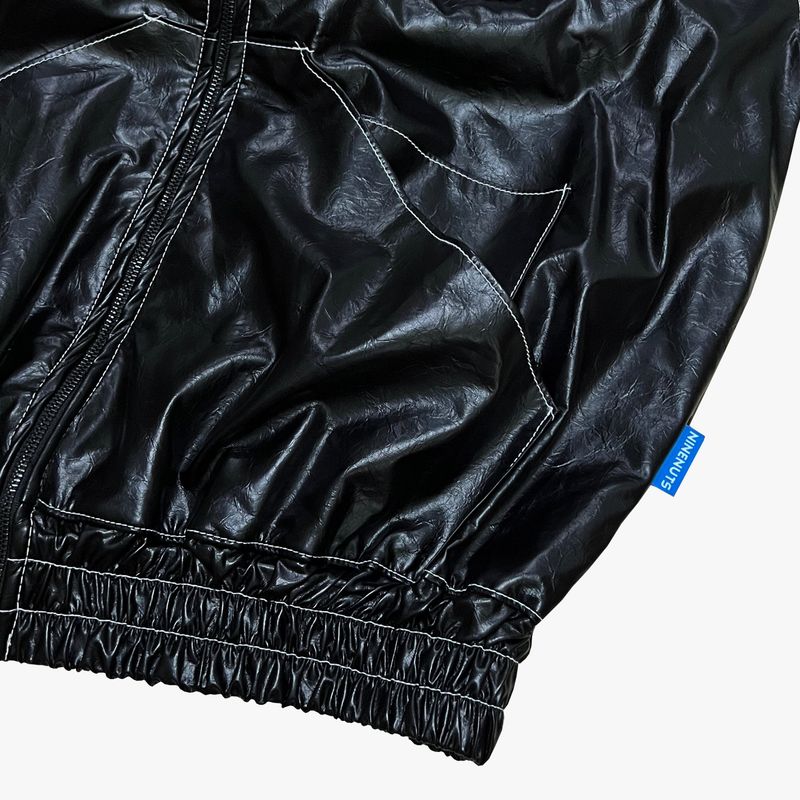 glossy faux leather hood zip-up hoodie_black