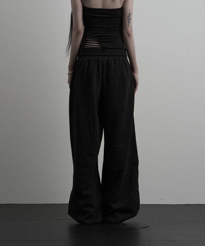 [label] layered tie damage wide pants (black)
