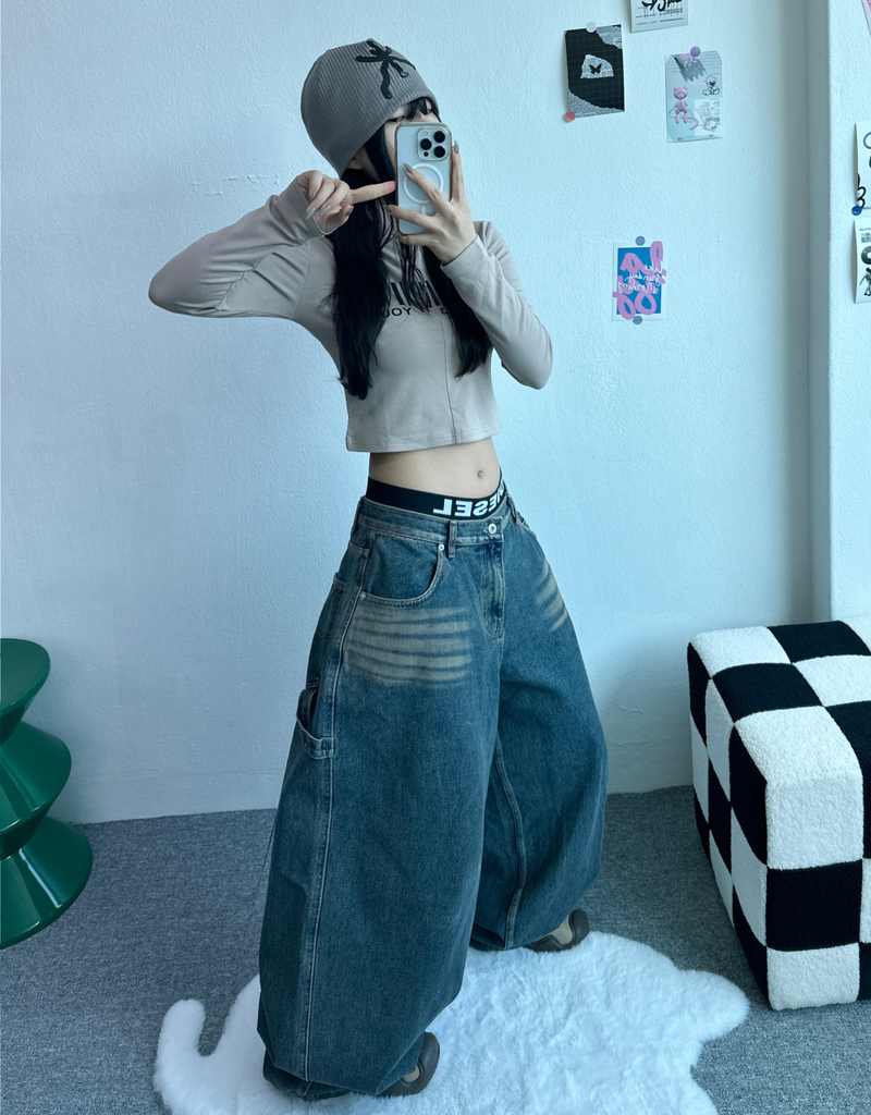 STRAP BALLOON WIDE DENIM🖤💙 - 2 COLORS