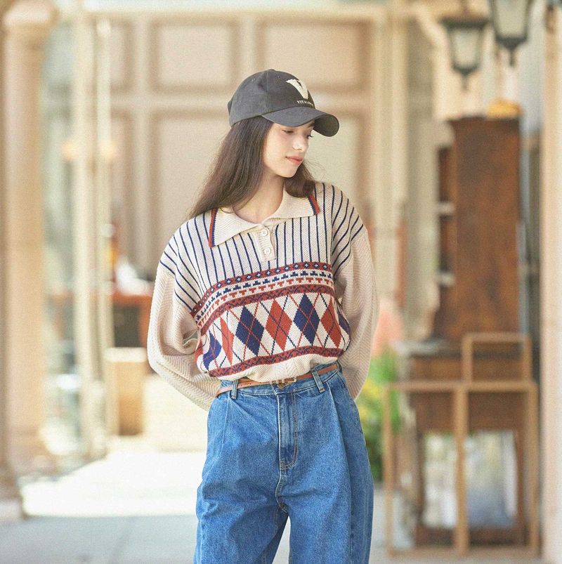 Argyle Knit Pullover (Oatmeal)