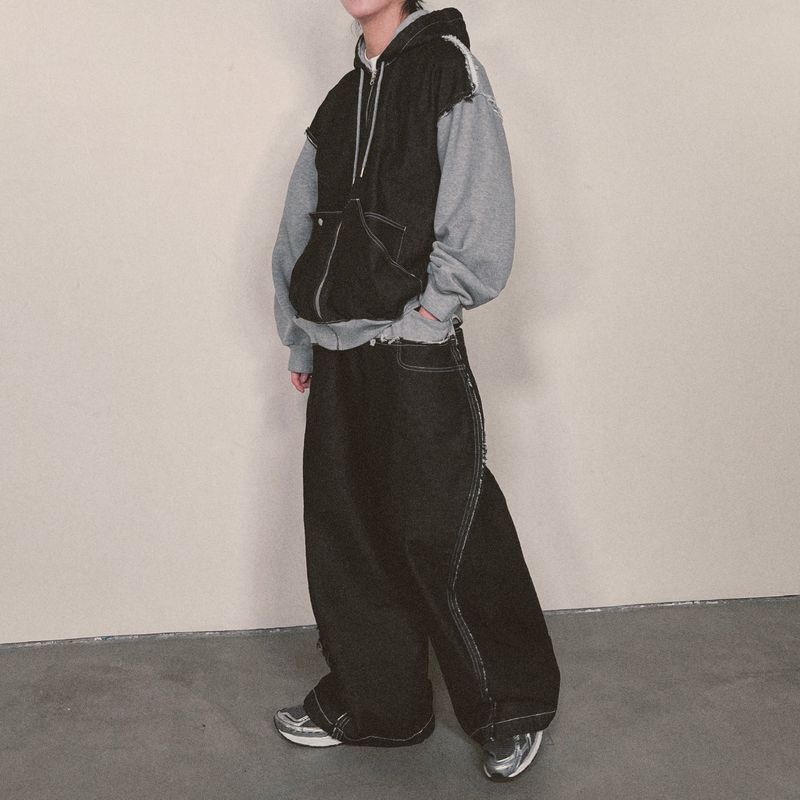 layered deconstructed denim pants_black