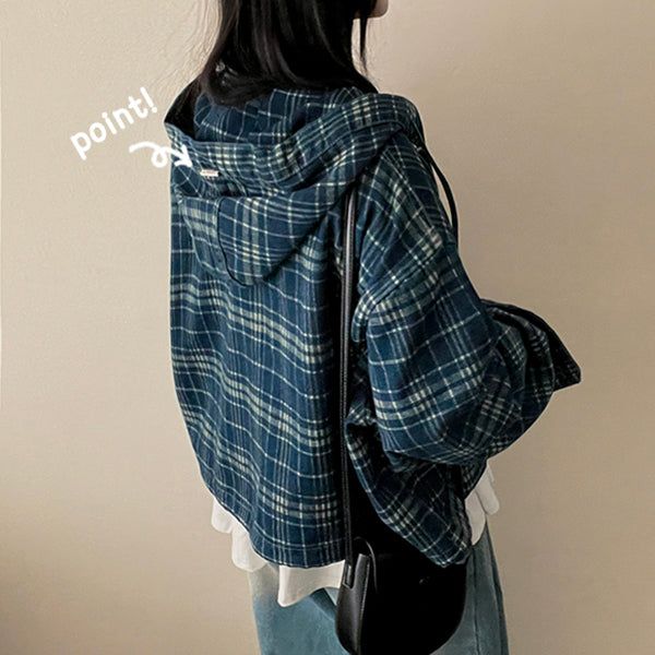 Ready strap checkered hooded denim jacket