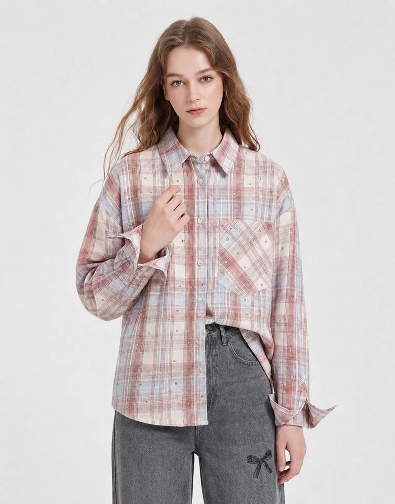 TWEEDY-A（ツウィーディア）の「[PRE-FALL] Breed Crystal Oversized-Fit Tartan Checkered Shirt Pink Blue（Tops）」