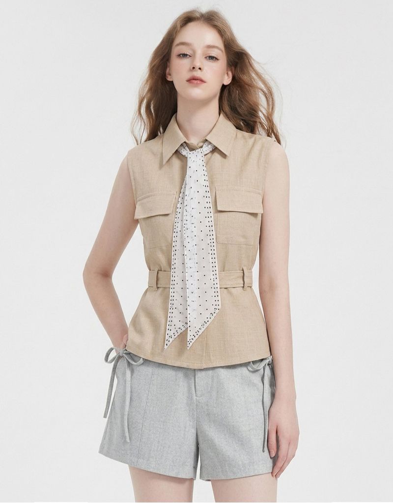 TWEEDY-A（ツウィーディア）の「Celine Dot Scarf Linen Sleeveless Blouse Beige（Tops）」