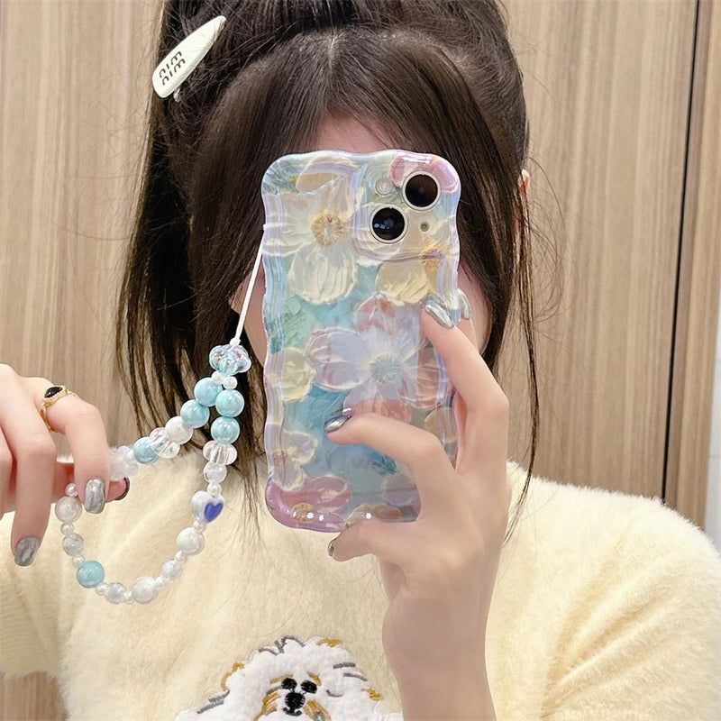 3D Flower Chain Wave Frame iPhone Case with Beaded Wrist Strap