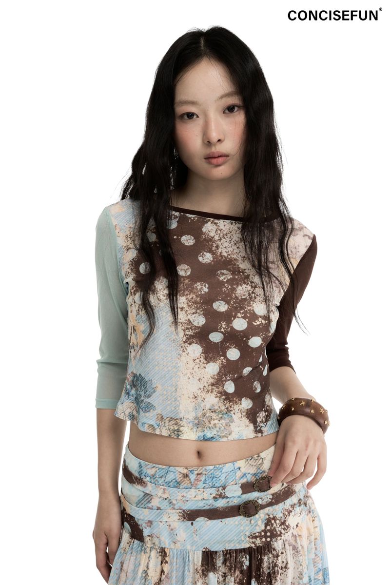 CONFUN（コンファン）の「CONFUN Original Polka Dot Floral Pattern Striped Short-Sleeved Lightweight T-Shirt（Tops）」