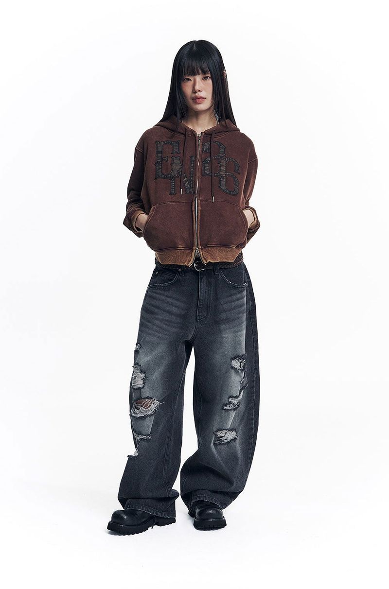 Washed Leather Patch Hooded Zip-Up - Brown