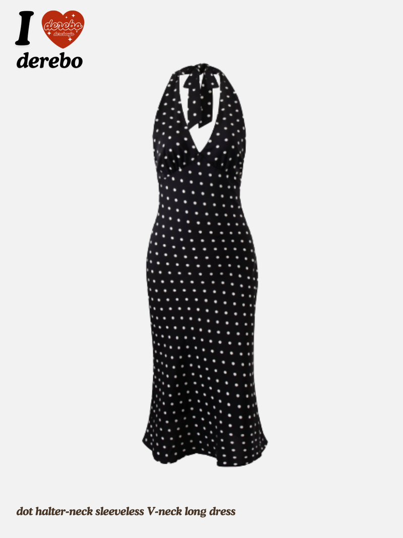 dot halter-neck sleeveless V-neck long dress