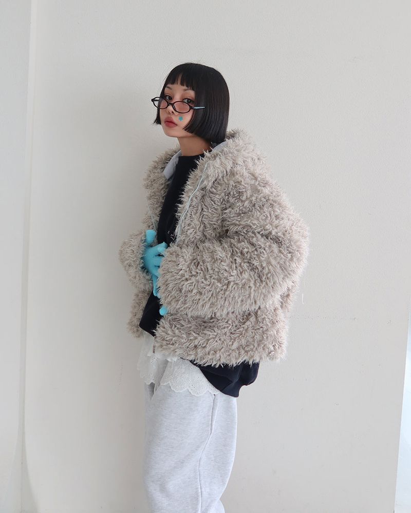 Rabbit ear hood zip-up soft fur jacket
