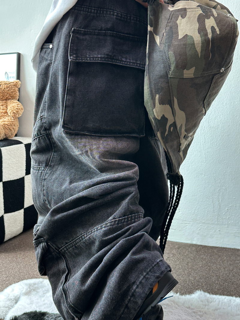 HIP RIVET KEYRING DOWN CARGO DENIM LONG PANTS🩵🩶 - 2 COLORS