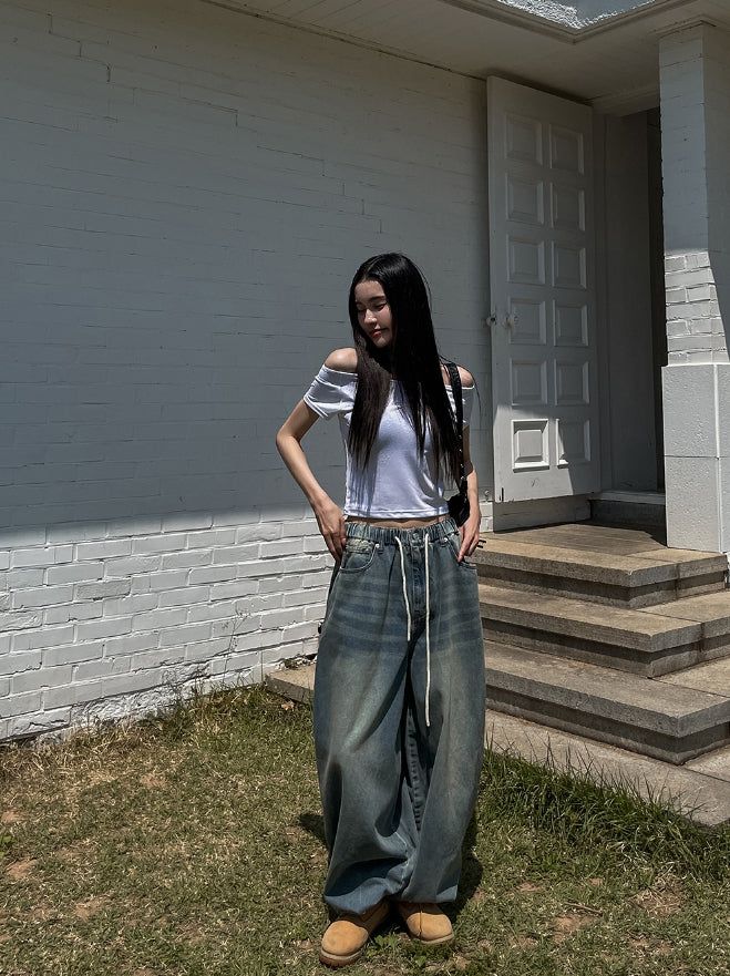 Fit String Banded Balloon Denim Pants