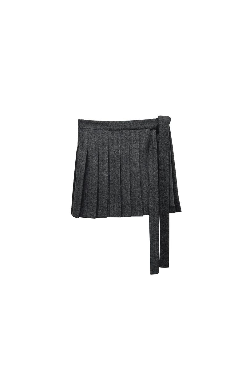CLASSY HERRINGBONE WOOL SKIRT PANTS / CHARCOAL