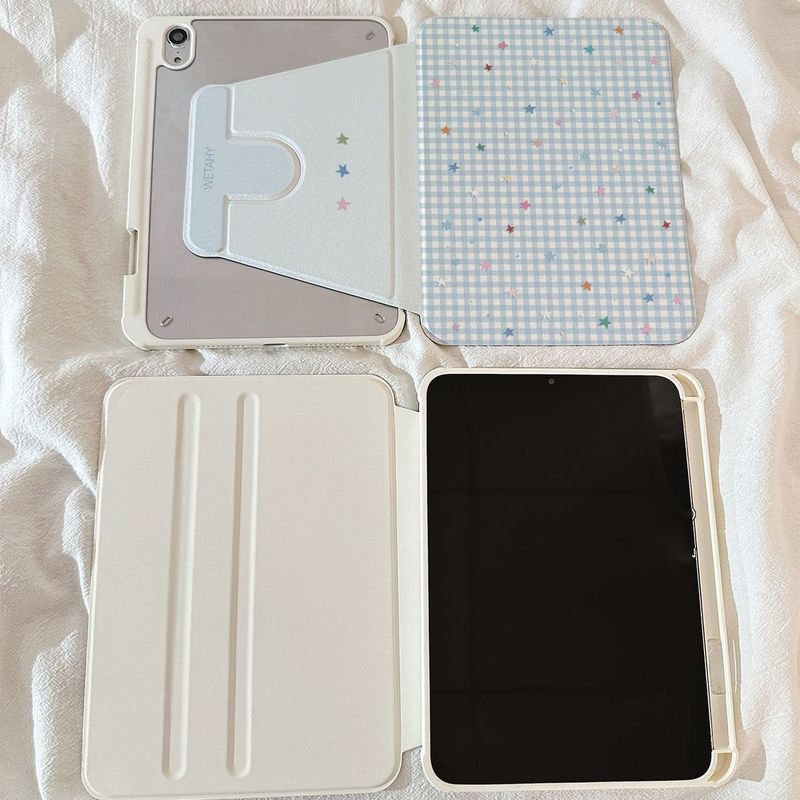 Pastel Star Gingham Rotating iPad Case with Pencil Holder