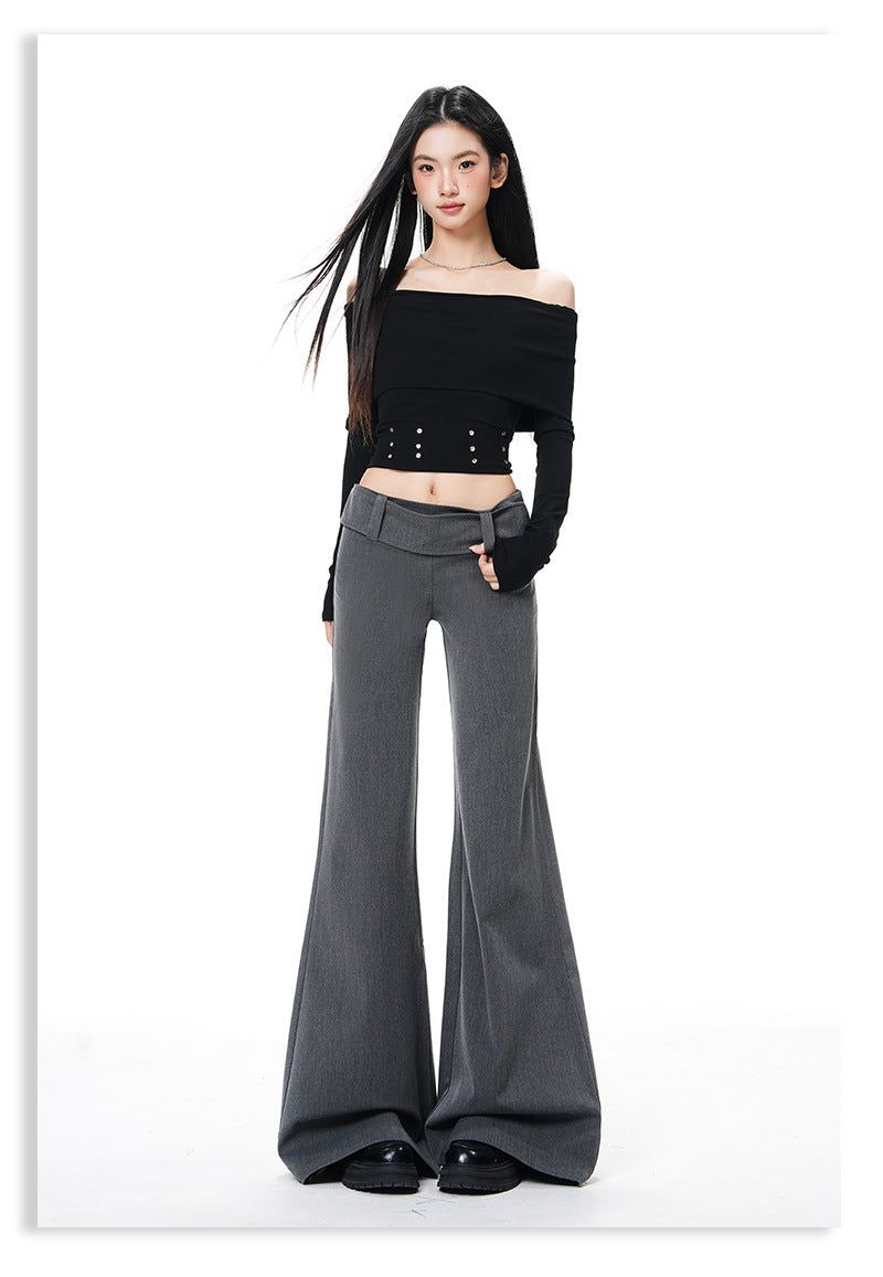French Low-Waist Micro Flare Slacks – Tailored Slim Wide Casual Pants